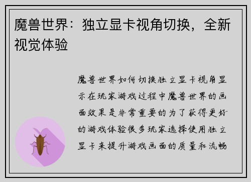 魔兽世界：独立显卡视角切换，全新视觉体验
